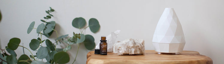 A table displaying a White Saje diffuser, diffuser blend, and crystals with eucalyptus branches on the side