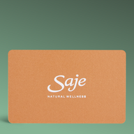 Saje giftcard on a plain pink background.