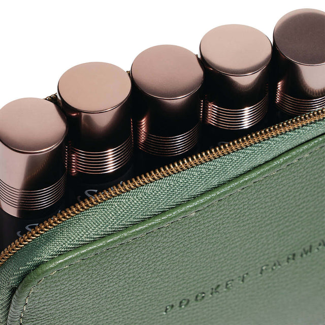 Close up shot of the zipper on the Pocket Farmacy Physical Edition green leather case