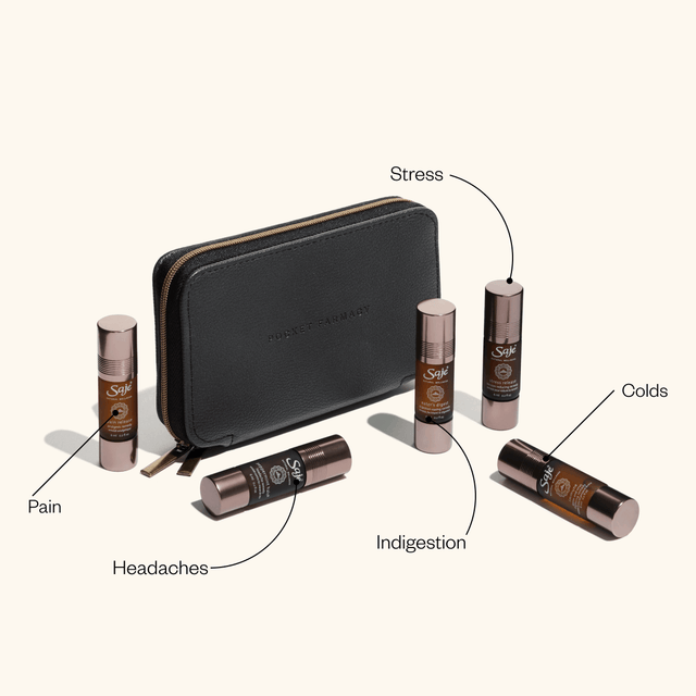 Pocket Farmacy Physical Edition with black leather case, 5 roll-ons scattered and text highlighting the benefits of each roll-on