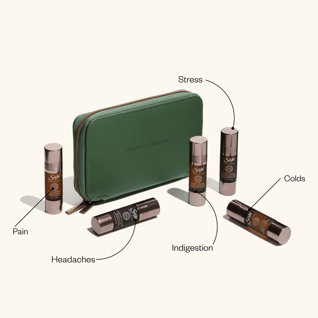 Pocket Farmacy Physical Edition with green leather case, 5 roll-ons scattered and text highlighting the benefits of each roll-on